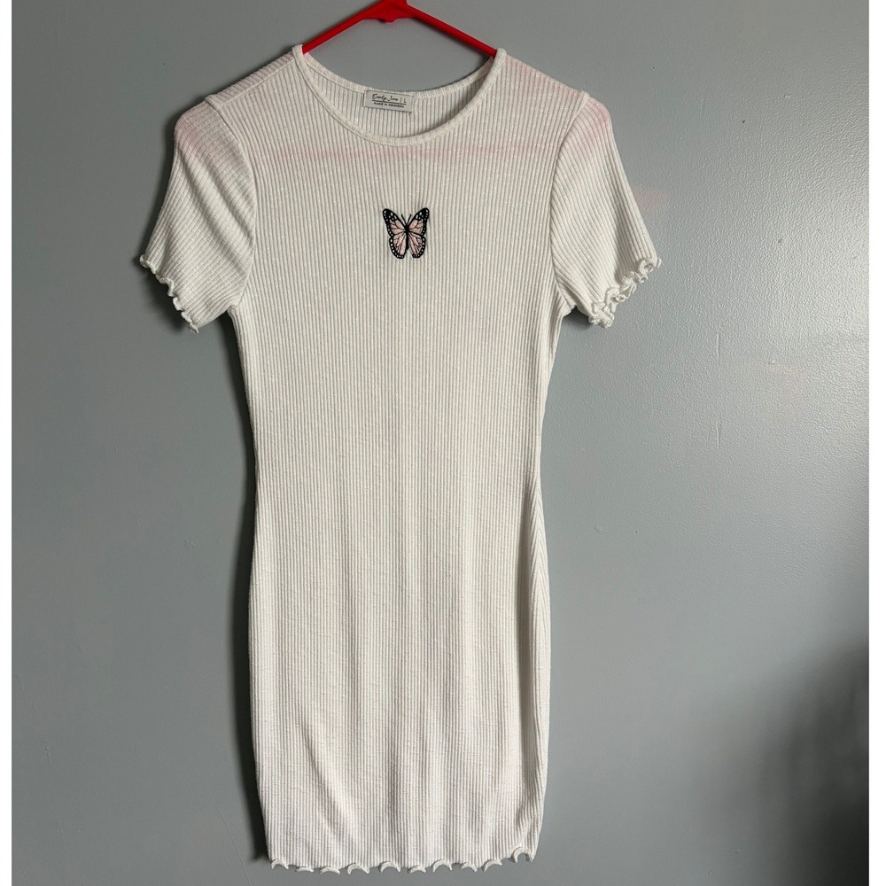 Everly June White Ribbed Butterfly Bodycon Mini Dress Lettuce Trim